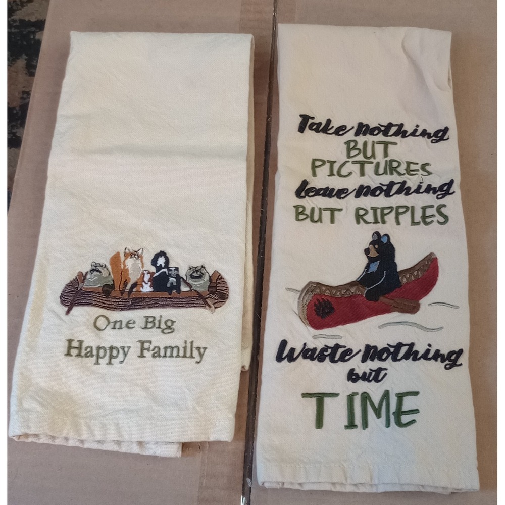 Park Designs Embroidered Tea Towel Set 2 Woodland Animals Canoe Cotton Cream